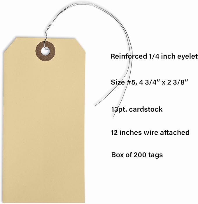 Durable Shipping Tags with Wire Ties – 200 Tags # 5, 4 3/4" x 2 3/8" – Manila Paper Tags with Wire and Reinforced Eyelet