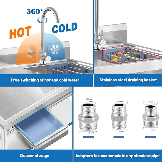 Stainless Steel Utility Sink Freestanding Single Bowl Laundry Sink with Hot and Cold Water Plumbing Workbench Drawers for Laundry Room Farmhouse Indoor and Outdoor Sink