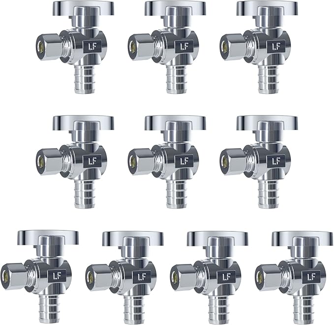 VINTEX Angle Stop Valve 10 Pack, 1/2" Pex x 3/8" OD Compression, Quarter Turn Water Shut Off Valve with 10 Pcs Clamp Rings,Solid Brass, Pex, CPVC