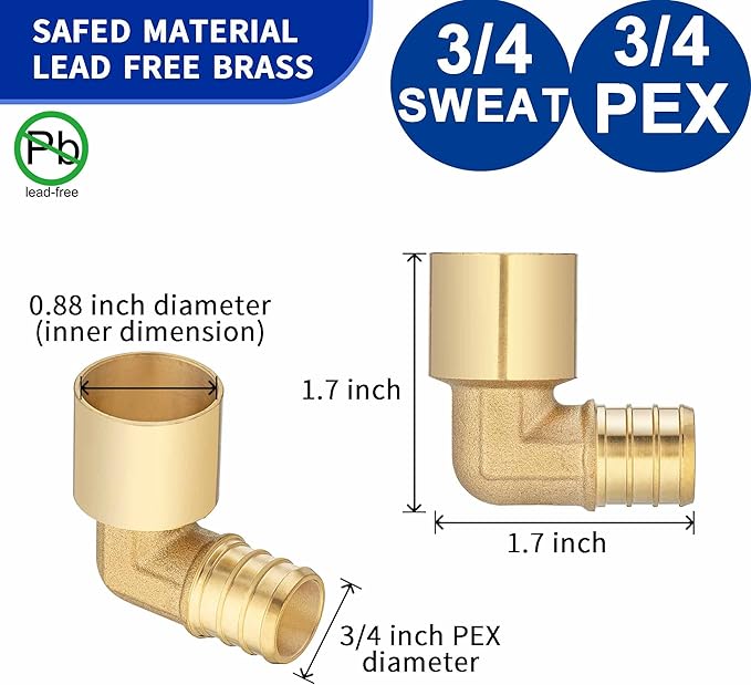 (10 Pack) Lidertik Copper to Pex Fittings 3/4 inch Elbow, 3/4" Pex B F1807 x 3/4" Female Sweat Elbow Adapter Brass LI-APXFSE3434(10 Pieces)