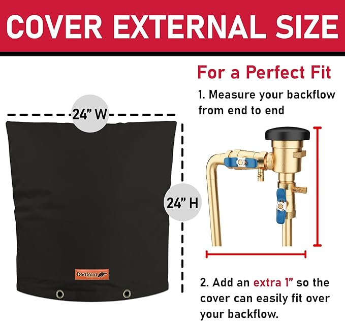 Redford Supply Co. Cold Snap (5°F) Backflow Preventer Insulation Cover, 24"W x 24"H, Pipe Insulation, Water Sprinkler Covers for Outside, Sprinkler Backflow Cover for Winter, Well Pump Bag (Black)