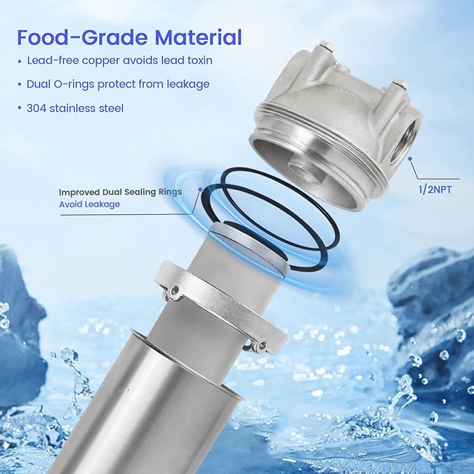Amwater NSF/ANSI 42 Stainless Steel Whole House Water Filter Housing, 10" x 2.5" Sediment Water Filter System for Heavy Duty, Well & City Water, 1/2" NPT Port, Drain Valve Style C