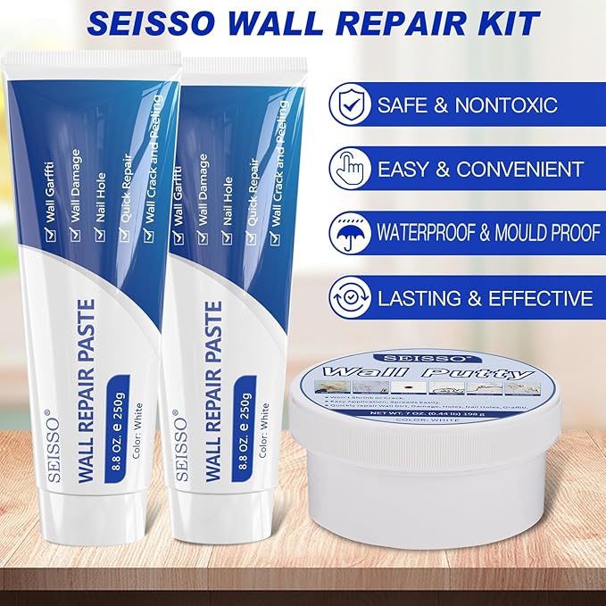 SEISSO Drywall Repair Kit, White- Wall Mending Agent 250 g* 2, Wall Repair Paste Plaster, 1 Pack Wall Putty, Repair Tape and Wall Repair Patch with 2inch 4inch, Quick Fill Crack and Nail Hole