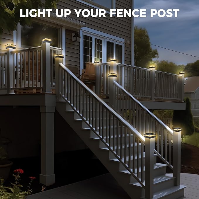 Peasur 4x4in Solar Post Cap Lights Outdoor with 3 Modes, 20 Packs LED Post Light Solar Powered Waterproof, Wood/Vinyl Fence Posts Lights for Deck Railing Mailbox
