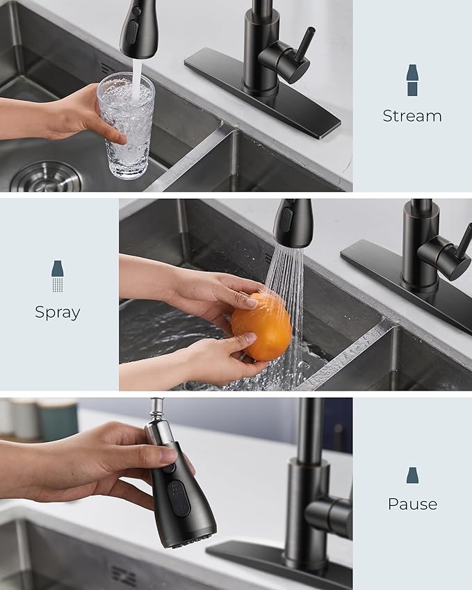 FORIOUS Kitchen Faucet with Soap Dispenser, Single Handle Stainless Steel Transitional Sink Faucet with Pull Down Sprayer 1 or 3 Hole, Suitable for Farmhouse Laundry Camper RV Bar, Oil Rubber Brown