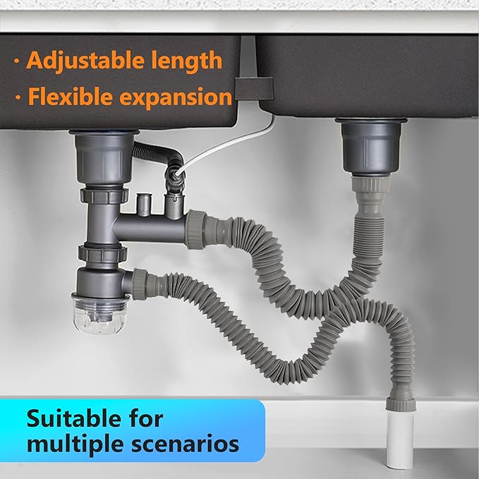 Sink Drain Pipe Kit, 2 Pack Flexible Drain Pipe P Trap, 12.79"-35.03" Flexible P Trap, Under Sink Plumbing for Bathroom & Kitchen, 1-1/4" Adapter Included
