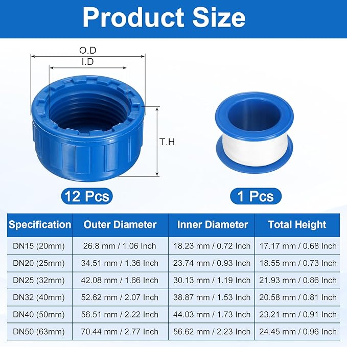 uxcell 5Pcs 3/4 Inch PT Female Thread PVC Pipe Fitting Cap, Cleanout Water Drain End Caps, Pipe Plug Socket Fittings with Tape for Water Heater Supply Lines, Plumbing, Blue