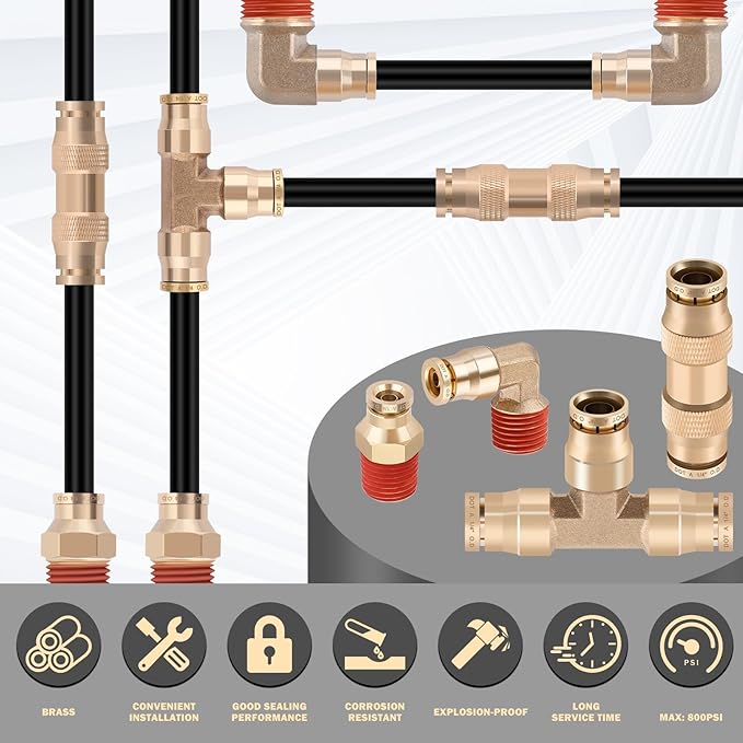 CheeMuii 12 Pcs 1/4 Brass DOT Air Fittings With 50 FT 1/4" DOT Air Line Kit 15 Meter Pneumatic Tubing with DOT Air Fittings for Semi Truck Trailer or Industrial Air System