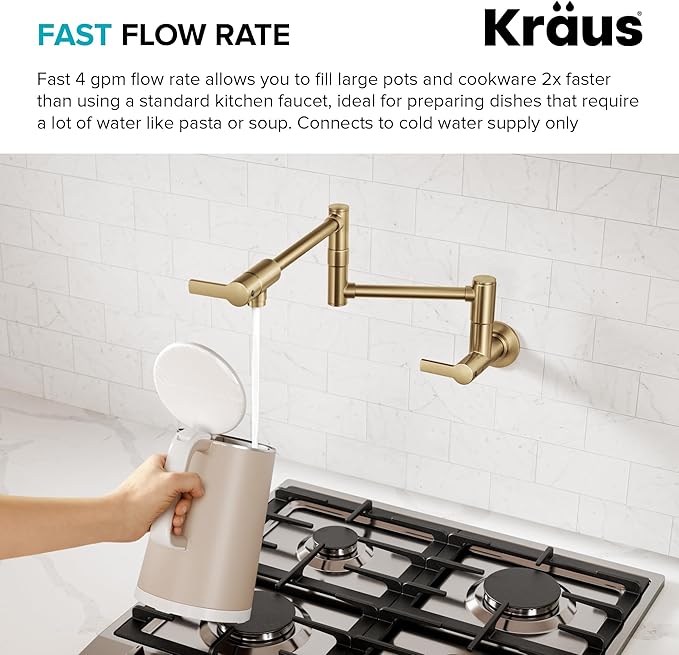 KRAUS Oletto Pot Filler Faucet with Retractable Arm, Wall Mount Kitchen Faucet, Pot Filler for Stove in Spot-Free Brushed Brass, KPF-5001SFBB