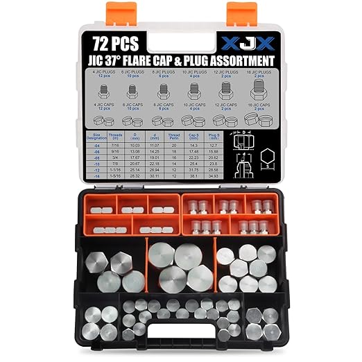 XJX 72-Piece JIC 37° Cap and Plug Kit, Hydraulic Hose Caps and Plugs Kit 45# Steel Pipe Fitting Set with Precision Threads