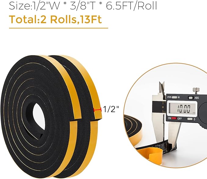 13 Feet Weather Stripping Door Seal, 1/2" Wide X 3/8" Thick Door Seal Strip High Density Foam Tape Adhesive Strip for Door Soundproofing,Window Insulation (1/2" x 3/8" x 13FT,Black)