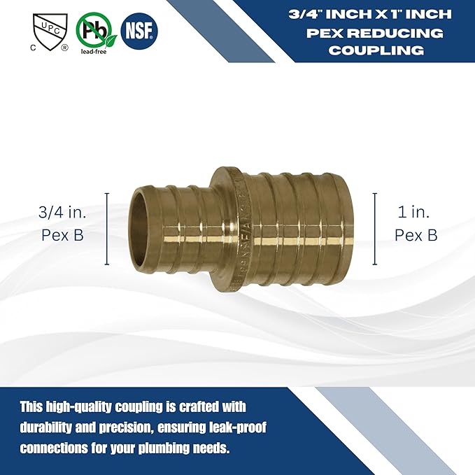 XFITTING 5 Pcs Pex Coupling, 1 Inch x 3/4 Inch, Brass, Coupling, Pex Pipe Fitting