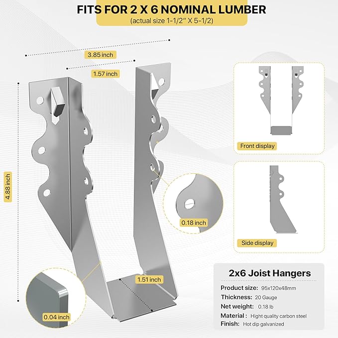 50 pcs 2x6 Joist Hanger,LU26 20 Gauge Double Shear Face Mount Joist Hanger,Hurricane Ties for Rafters Tie Brackets Great for Floor Deck and Ceiling Joists