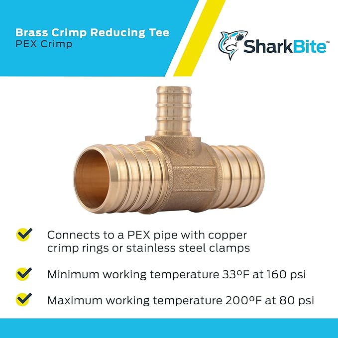 SharkBite 1 Inch x 1 Inch x 1/2 Inch Crimp Reducing Tee, Brass Plumbing Fitting, PEX Pipe, PE-RT, UC415LFA