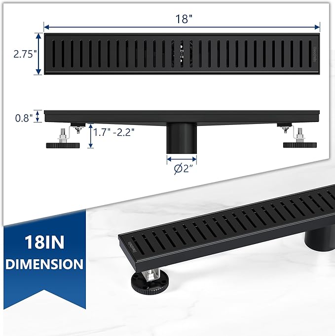 Neodrain 18" Matte Black Linear Shower Drain Shower Linear Drain, Removable Capsule Pattern Grate, Bathroom 304 Stainless Steel Rectangle Shower Floor Drains- CUPC Certified