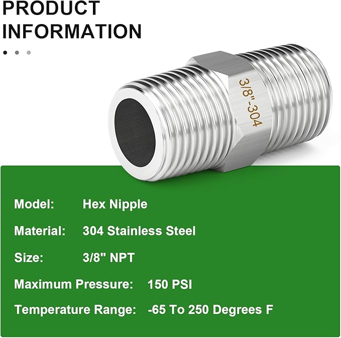 TAISHER 2PCS 304 Stainless Steel New Hex Nipple, 3/8" NPT Male x 3/8" NPT Male, Pipe Adapter Fitting