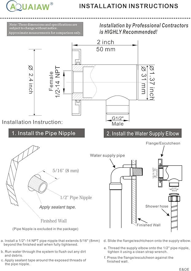 Aquaiaw Wall Supply Elbow with O-Ring Flange, Tapered 1/2 NPT Female Inlet, Solid Brass Wall Union, Round Water Supply Elbow, PVD Brushed Nickel, G1/2 Outlet