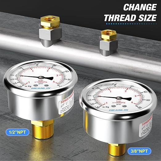 MEANLIN MEASURE -30inHG~60Psi Stainless Steel 1/4" NPT 2.5" FACE DIAL Vacuum Pressure Gauge, Center Back Mount, 1/2" NPT and 3/8" NPT Hex Bushing