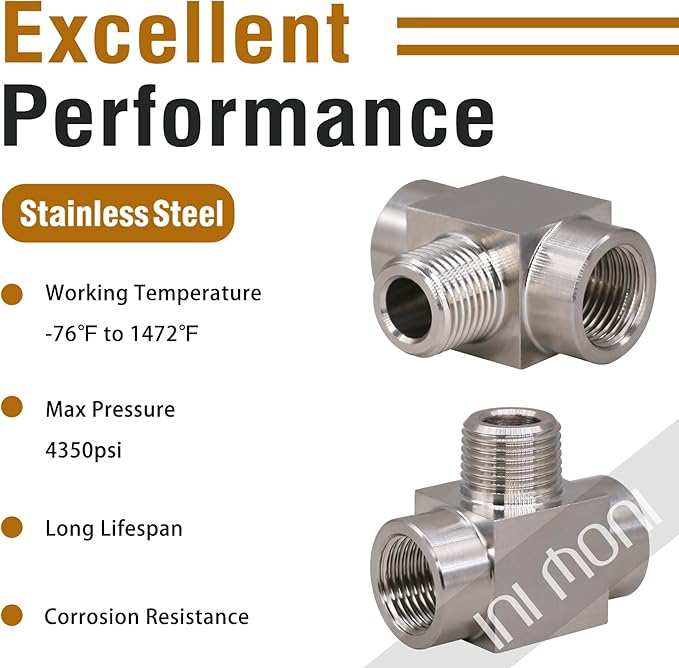 tee pipe fitting NPT 1/2 female x male x female thread 3 way t adapter, stainless steel 304 hose fitting tee t shape pipe connector for fuel system and air supply line, heavy duty 4350 psi