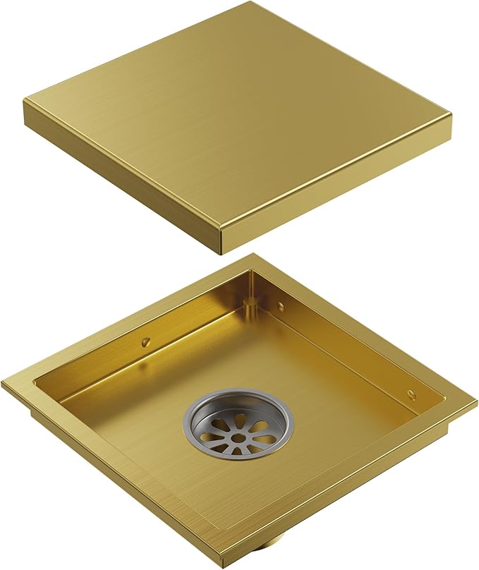 6 Inch Square Shower Floor Drain, Brushed Gold SUS304 Stainless Steel Grid Grate with X-Shaped High Flow Channel, Anti-Clogging Hair Strainer, Standard 2" Outlet
