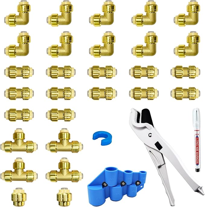 Pushfit Plumbing Fittings 1/2 Inch,Brass Push Fittings 1/2 Inch for Pex,Copper,CPVC,12PCS Coupling,10PCS Elbow,4PCS Tee Fitting,2PCS End Cap, Pack of 28 with Pipe Cutter,Deburring Tool,Disconnect Clip
