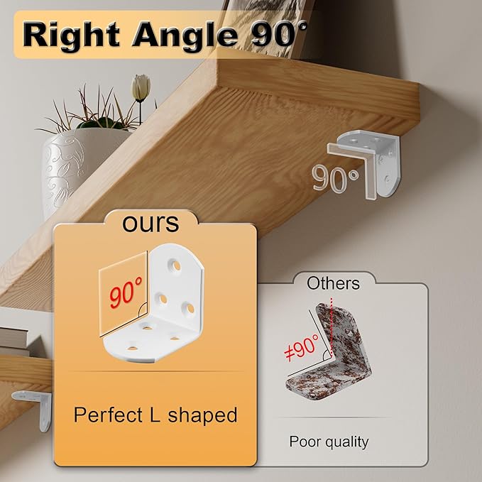 Alise 4Pcs Stainless Steel L Brackets for Shelves White, Small Floating Shelf Brackets, 90 Degree Right Angle Bracket, Heavy Duty Metal L Bracket Corner Brackets for Wood Furniture (1.97X1.97 in)