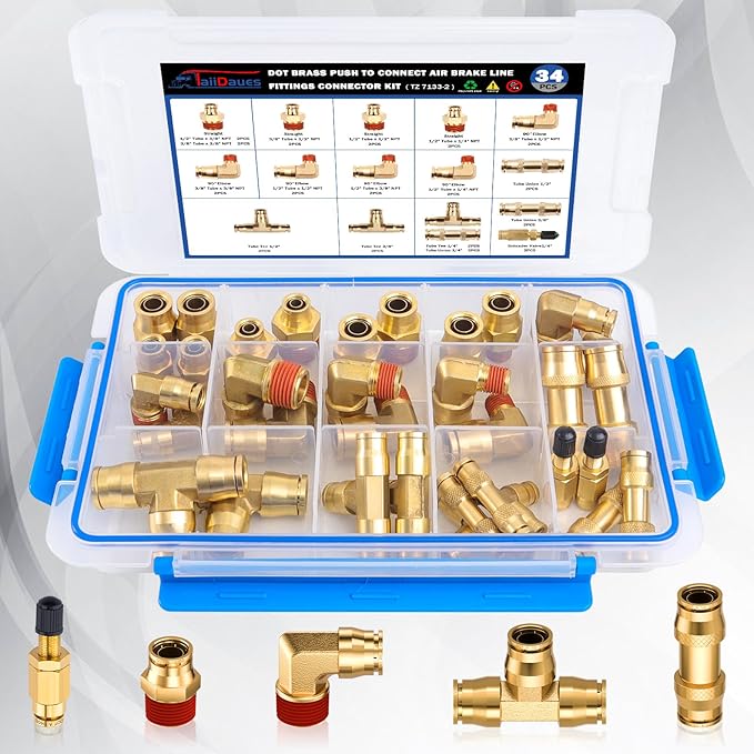 34 Pcs Brass DOT Air Brake Line Fittings Assortment 1/4" 3/8" 1/2" Air Line Quick Connect Fittings Push to Connect Air fittings Kit with NPT Thread for Semi Trucks or Industrial Air System