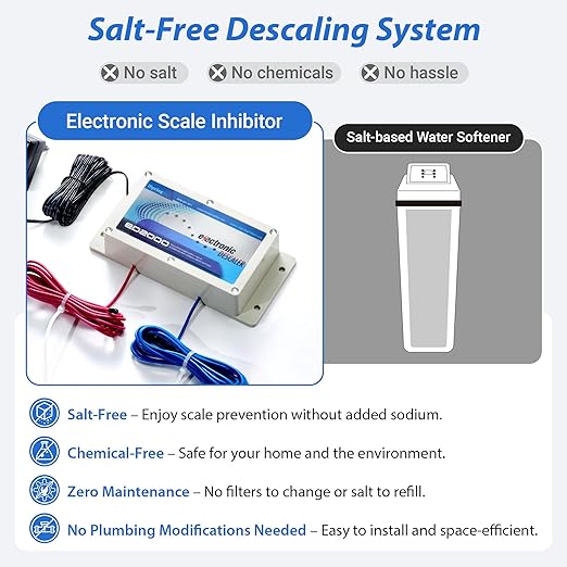 iSpring ED2000 Whole House Water Descaler, Alternative Electronic Salt-Free Hard Water Conditioner, Reduces Limescale Prevent Deposits Build-up, Different from a Water Softener