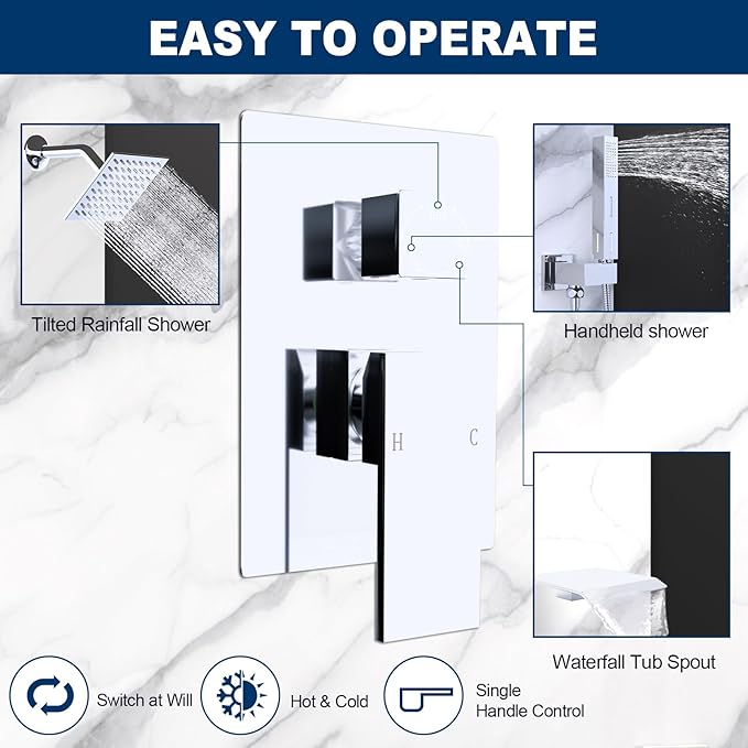 Solid Brass 3 Way Shower Diverter Valve, Drettyer Matte Black 3 Outlet Pressure Balancing Mixer Shower Temperature Control Shower Valve Kit