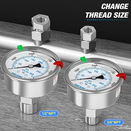 MEANLIN MEASURE 0~5000Psi Stainless Steel Liquid Filled Pressure Gauge 2.5" FACE DIAL 1/4" NPT for WOG Water Oil Air Back Mount with Stainless Steel Hex Bushing and Snaps
