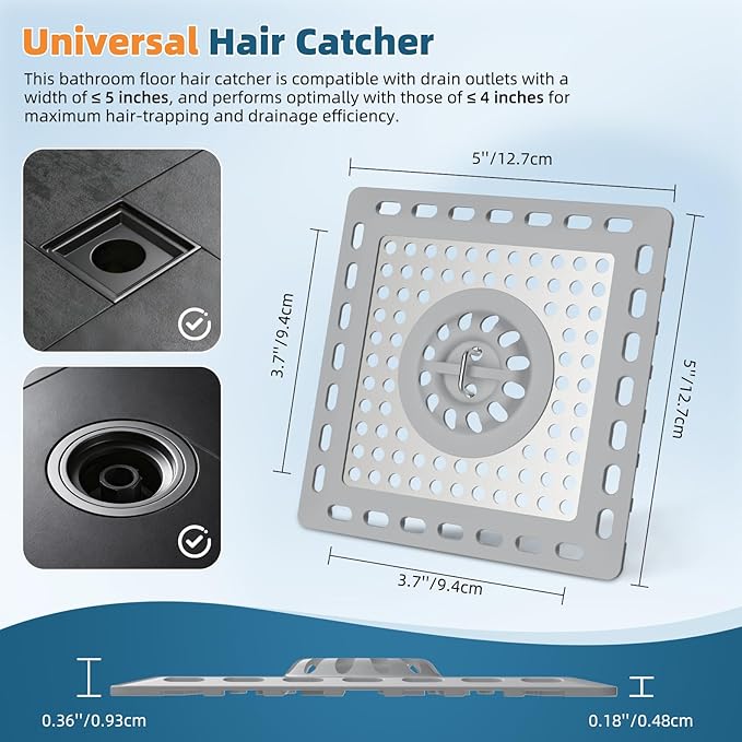 Hibbent 2 Pack Shower Drain Hair Catcher, Shower Drain Cover for Bathroom Floor 4" Drain, Anti-Clogging Bathtub Drain Strainer, Stainless Steel Kitchen Sink Drain Strainer with Handle, Grey