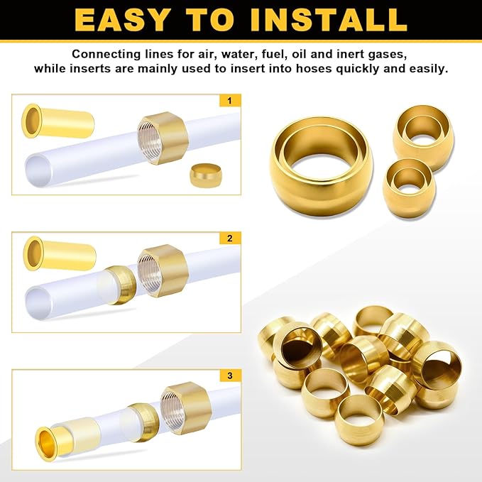 Siptenk 100PCS Brass Compression Sleeves Ferrules for Tube OD 3/16", Hose Compression Fitting Brass Ferrule for DOT Air Brake Lines, Water, Fuel, Oil