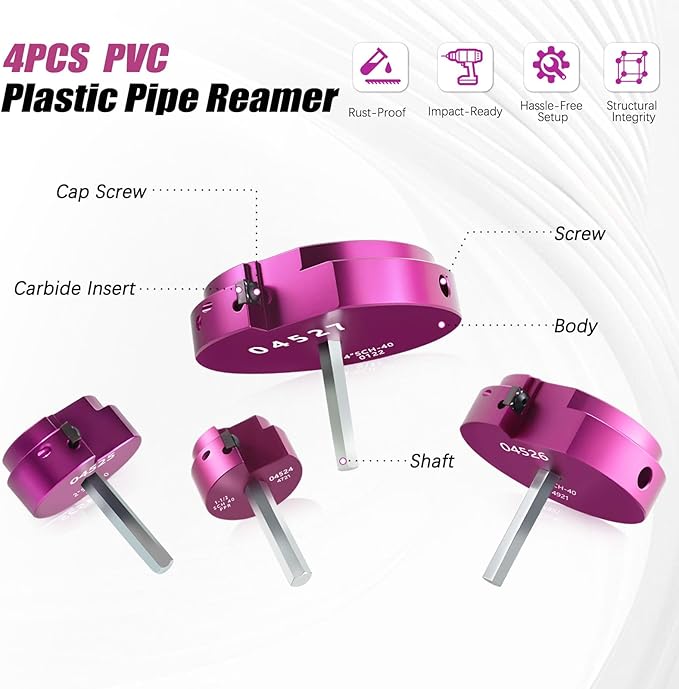 PVC Pipe Reamer Kit 4 PCS 1-1/2", 2", 3", 4" for SCH 40 CPVC & ABS Plastic Fittings – Fits 1/2" Drills with 3/8" Hex Shaft – Ideal for Exhaust, Drain & Water Pipe Cleaning, Durable & Heavyduty
