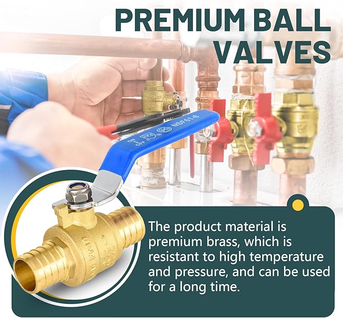 4 Pack Ball Valves, 1" Pex Crimp Shut Off Valve Blue, Brass Full Port Pex B Shut Off Ball Valve for Hot and Cold Water, NSF/ANSI 61 Certified