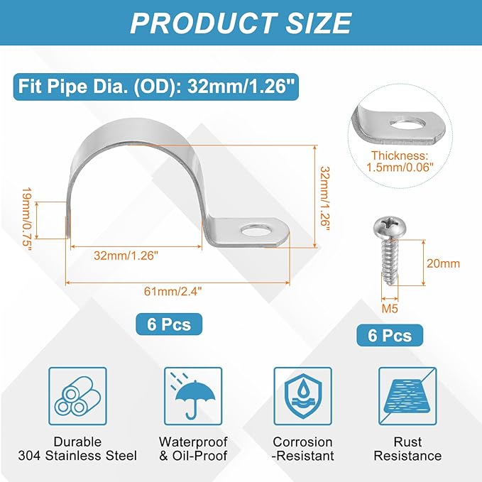 uxcell 6Pcs 32mm(1-1/4") One Hole Rigid Pipe Strap, 304 Stainless Steel Conduit Clamp Thicken U Bracket Heavy Duty Pipe Clamp with Self-Tapping Screws for Fixing Tube Cable, Silver