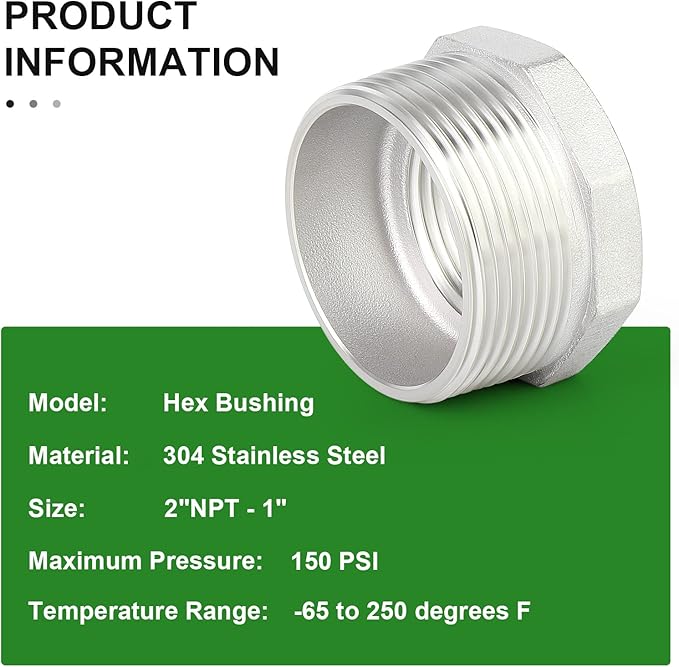 TAISHER 2PCS 304 Stainless Steel Reducer Hex Bushing, 2" NPT Male x 1" NPT Female, Reducing Pipe Adapter Fitting