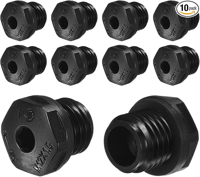 10-Pack Inner Hex Head Pipe Plug End Cap, M12x1.5mm Nylon Garden Hose Stopper Connector Plug with Sealing Ring for Terminating Pipe Ends [Black]