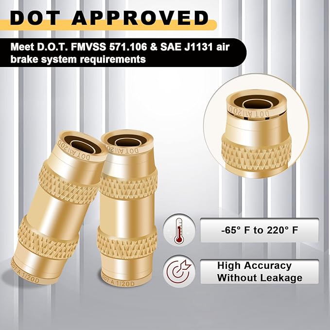 Siptenk 1/2 DOT Air Line Fittings 5PCS, Brass Straight Union 1/2" OD Air Brake Line Fittings Quick Push to Connect Fittings for Truck Trailers Industry Air System