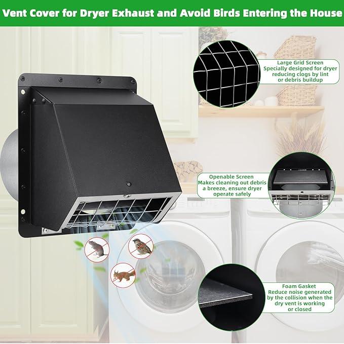 4" Dryer Vent Cover Outdoor,Dryer Vent Cover for Exterior Wall Vent Hood Outlet Air Vent,Dryer Vent Cover Outside,Exterior Dryer Exhaust Vent Cover Cap for House AC,Through Wall Dryer Vent Kit,Black