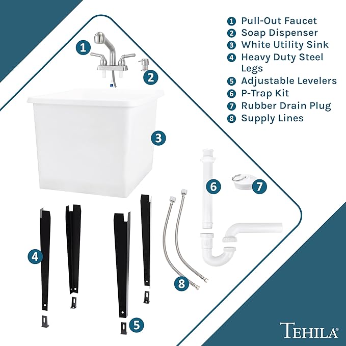 Space Saver Utility Sink by JS Jackson Supplies, Pull-Out Faucet, Soap Dispenser, White Tub with Stainless Steel Faucet