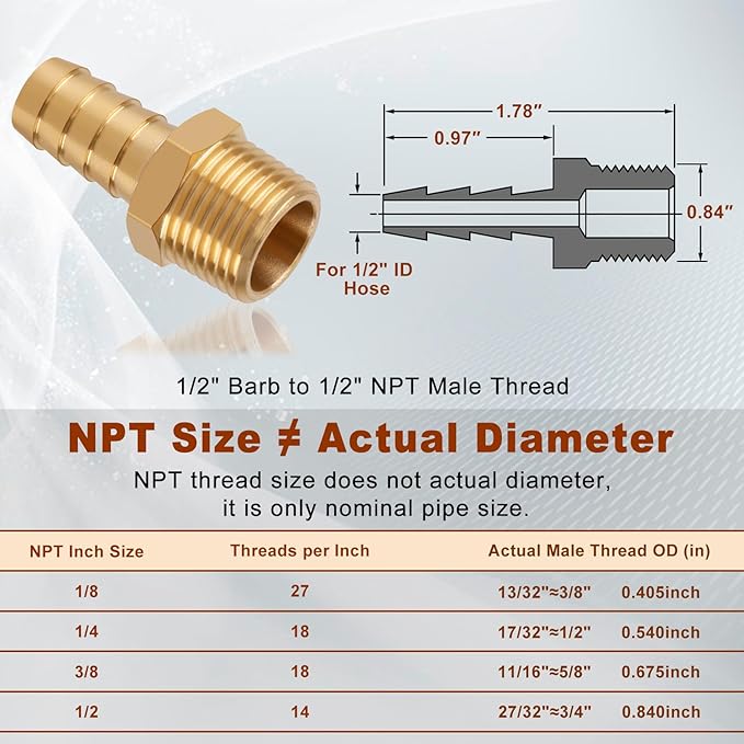 5pcs Brass Hose Barb Fittings 1/2 Inch to 1/2 Inch NPT Male Thread Adapter Connector for Air, Water, Fuel Line - 1/2" Barb 1/2" NPT