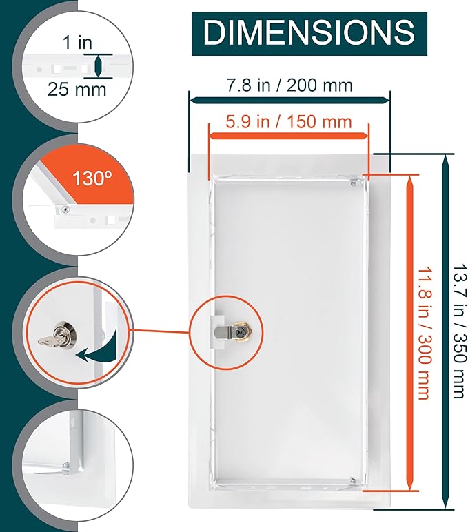 6" x 12" Lockable White Metal Access Panel. Service Shaft Door Panel with Key. Plumbing, Electricity, Heating, Alarm Wall Access Panel for Drywall. Bathroom Services Access Hole Cover.