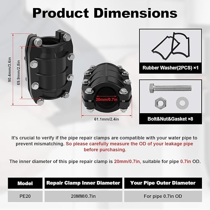 Pipe Repair Clamp 3/4 inch, Water Pipe Leak Repair Clamp, Pipe Repair Kit for Plastic and Metal Pipes, Leak Stopper with Anti-Impact, Suitable for Pipes 20MM OD