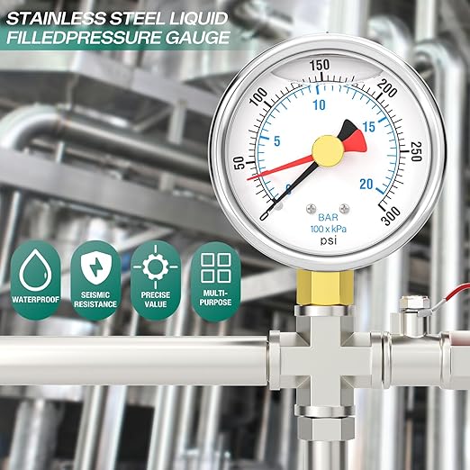 0-300PSI Stainless Steel with Reset Pointer Liquid Filled Pressure Gauge, 2.5" Dial Size, 1/4" NPT Lower Mount, for Tube, Water Pump, Gas, Liquid, Pressure Test