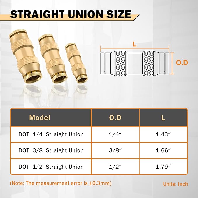 CheeMuii 23 PCS Brass DOT Air Line Fittings Kit 1/4 3/8 1/2 DOT Quick Connect Air Fittings Straight Union Push to Connect Air Hose Fittings for Semi Truck Trailers Air Brake System