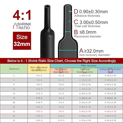 Chanzon 4:1 Ratio 1-1/4" (32mm) Heat Shrink Tubing - Marine Grade Waterproof Adhesive Lined - 80Ft Roll (25M Total Length) Black Polyolefin Sleeving Wrap Shrinking 4 to 1 Ratio 1pcs