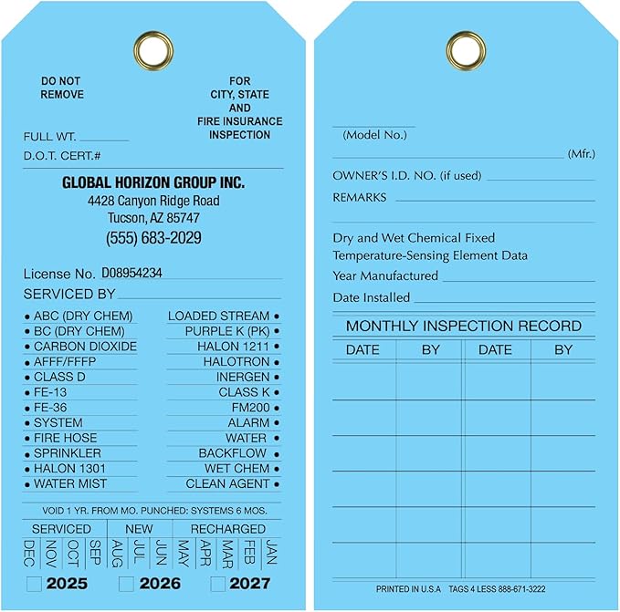 Tags 4 Less Custom Fire Extinguisher Tags – Preventative Maintenance Labels for Monthly Inspections, Alternative to Safety Sticker for Easy Record-Keeping – Pack of 100 (Light Blue, Vinyl Plastic)