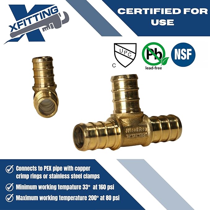 XFITTING 5 Pack 1/2" Pex B Tee, Brass, 0.5" Size, Tee Connector