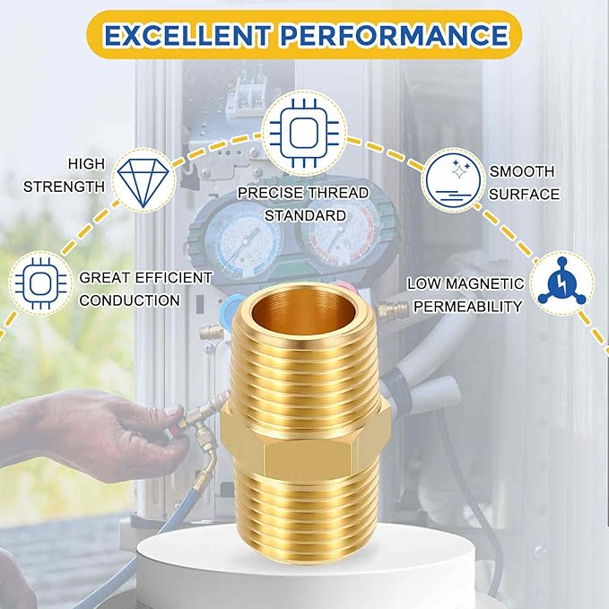 10 Pack Brass Pipe Fittings, 3/8" NPT Male to 3/8" NPT Male Brass Hex Nipple, Male Pipe Adapter Reducer for Air, Oil, LP
