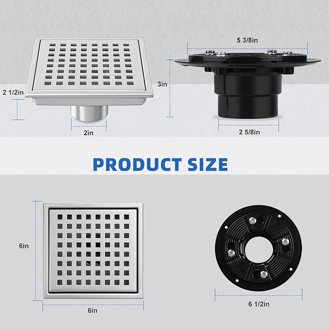 morefine Square Shower Drain with Flange, Shower Drain 6 inch with Removable Grate Cover, SUS 304 Stainless Steel, Brushed Nickel